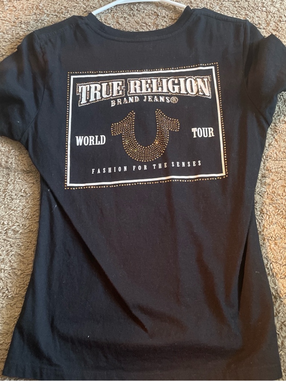 True Religion Black Tee with Gold Stud Horseshoe Graphic